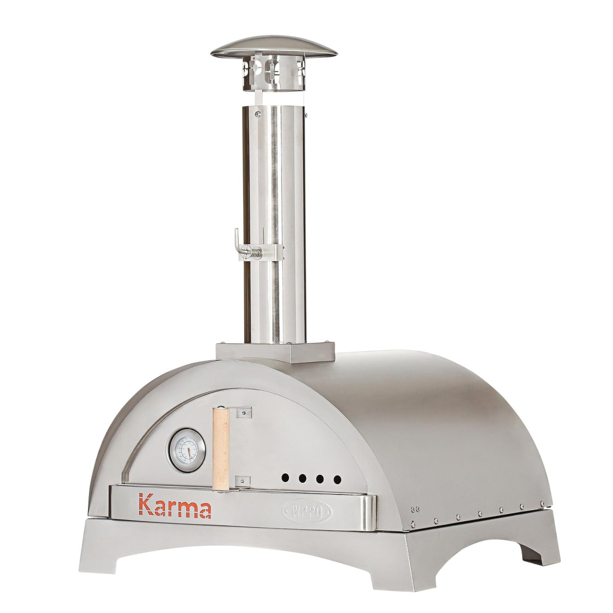 WPPO Karma 25 inch stainless wood-fired oven on its countertop base, with chimney cap, door thermometer and wooden handle