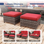 5-Piece Wicker Outdoor Patio Seating Set Sectional Sofa with Swivel Rocking Chair, Ottomans and Red Cushions