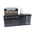 Stainless steel outdoor kitchen gas grill island with built-in wine cooler and granite countertops