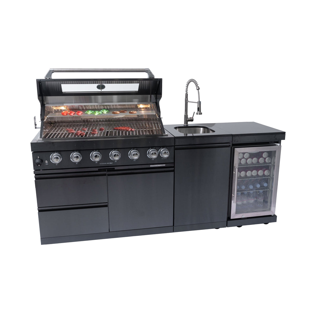Stainless steel outdoor kitchen gas grill island with built-in wine cooler and granite countertops
