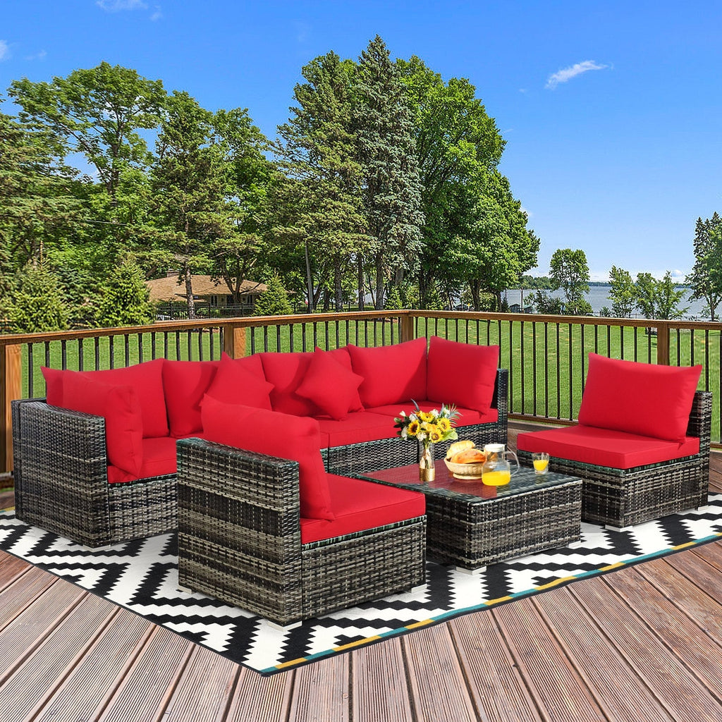 7 Pieces Patio Rattan Furniture Set Sectional Sofa Garden Cushion