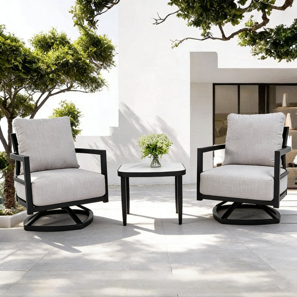 3-piece outdoor aluminum patio furniture set with cushioned chairs and side table