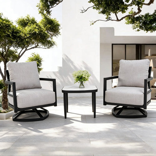 3-piece outdoor aluminum patio furniture set with cushioned chairs and side table