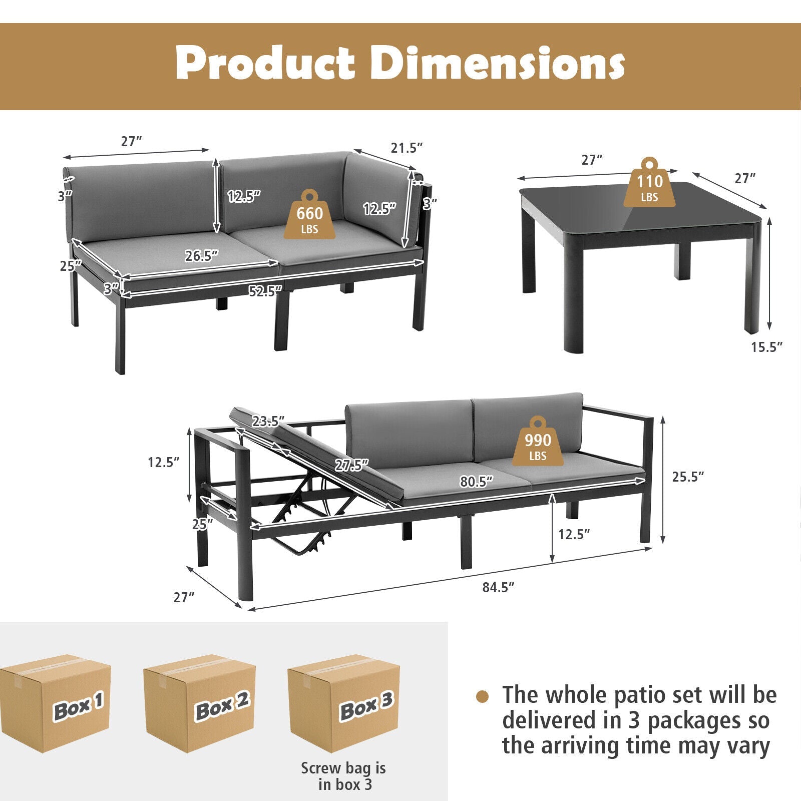 3 Pieces Aluminum Patio Furniture Set with 6-Level Adjustable Backrest-Gray