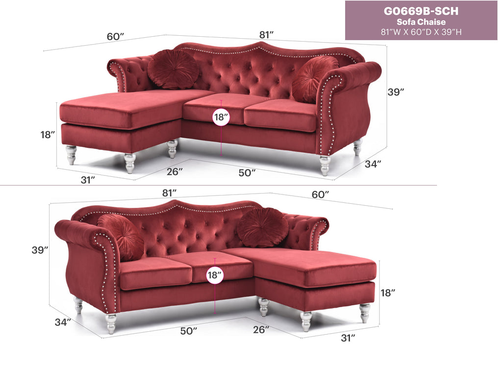 Glory Furniture Hollywood G0669B-SC Sofa Chaise - Burgundy