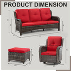 5-Piece Wicker Outdoor Patio Seating Set Sectional Sofa with Swivel Rocking Chair, Ottomans and Red Cushions