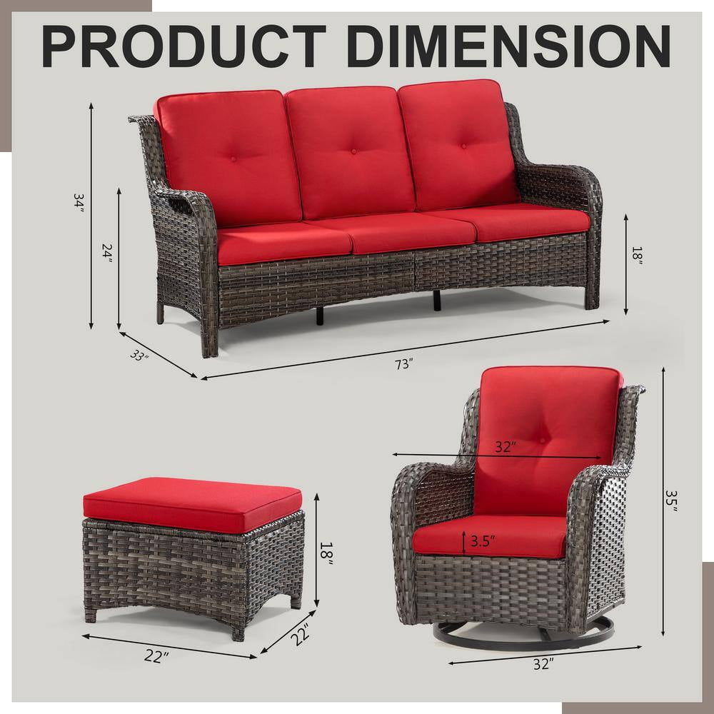 5-Piece Wicker Outdoor Patio Seating Set Sectional Sofa with Swivel Rocking Chair, Ottomans and Red Cushions