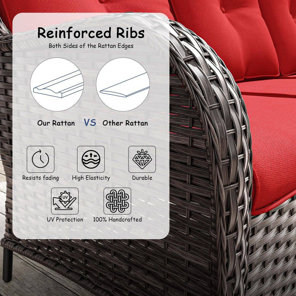 5-Piece Wicker Outdoor Patio Seating Set Sectional Sofa with Swivel Rocking Chair, Ottomans and Red Cushions