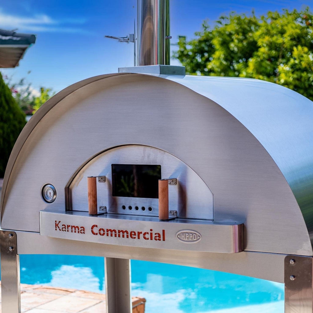 WPPO Karma 55 commercial wood-fired oven in 304 stainless steel with stack