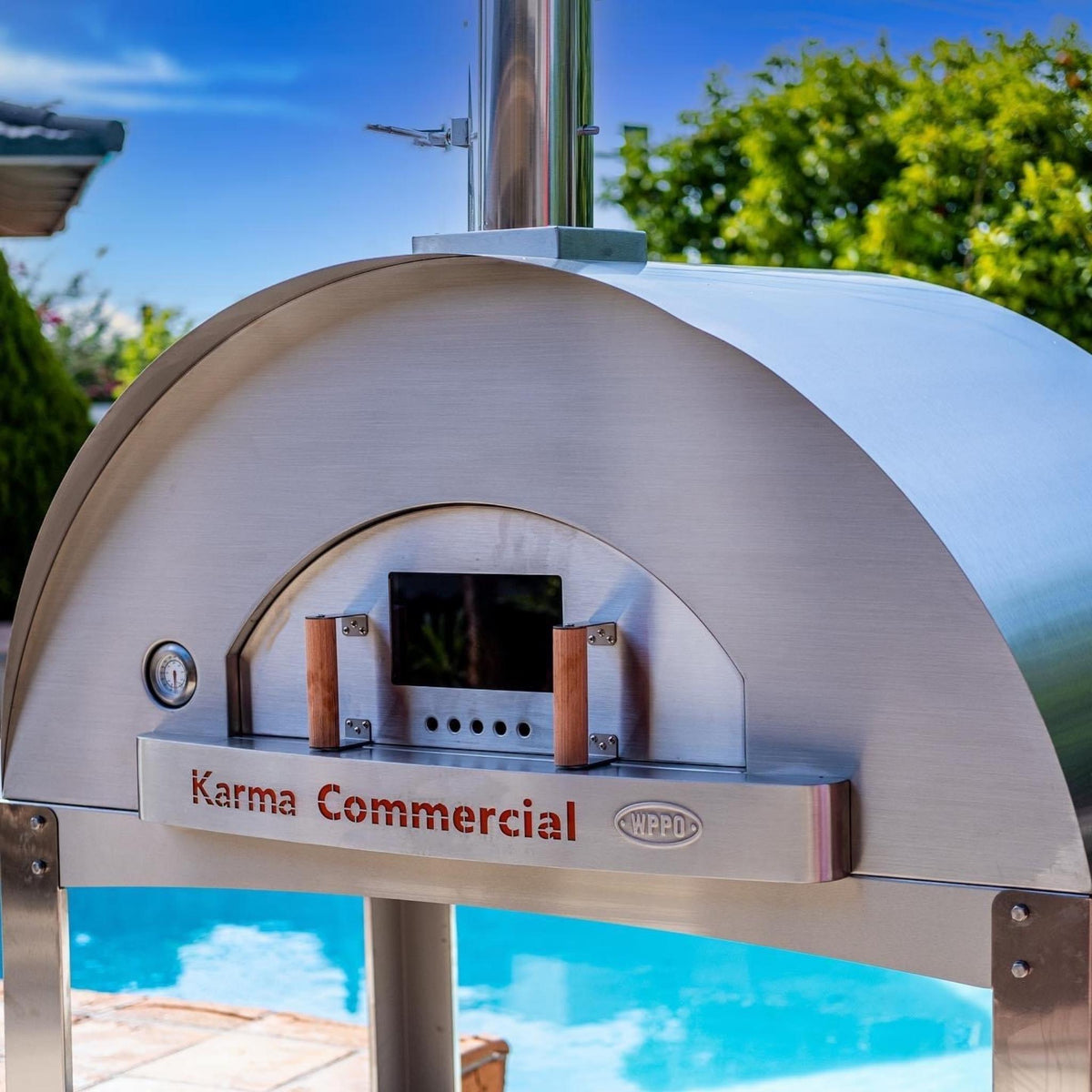 WPPO Karma 55 commercial wood-fired oven in 304 stainless steel with stack