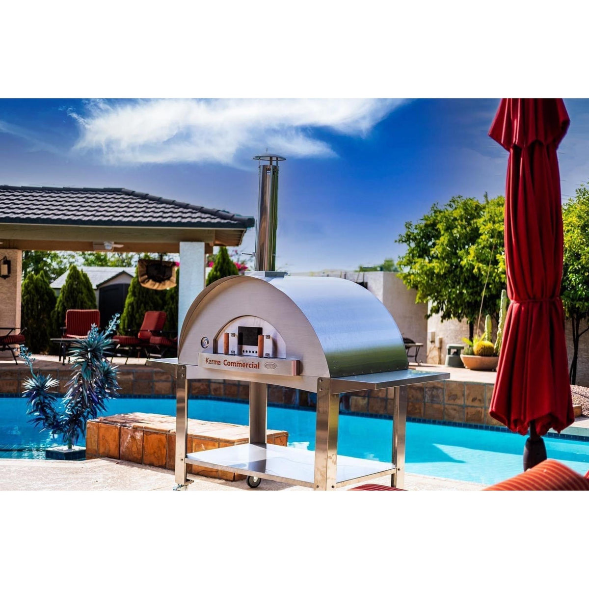 PPO Karma 55 commercial wood-fired oven by the pool