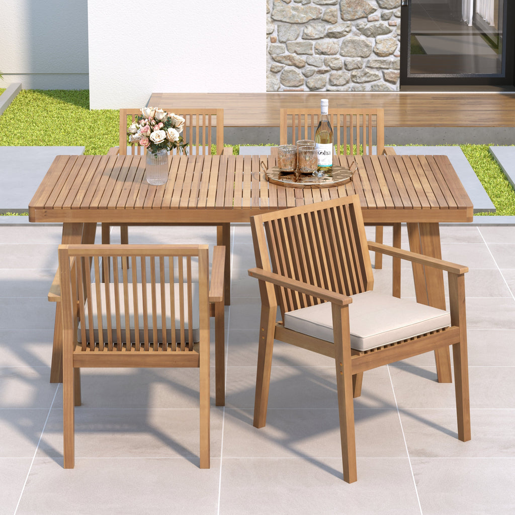 Durable 5-Piece Patio Furniture Set Acacia Wood Table and 4 Heavy-Duty Cushioned Chairs