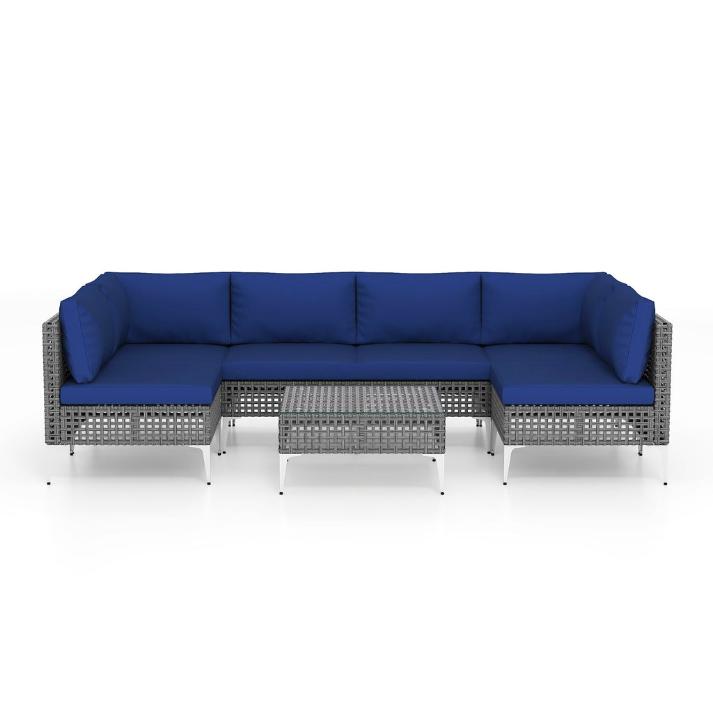 7 Piece Outdoor Furniture Set Wicker Chairs with Tempered Glass Coffee Table-Navy