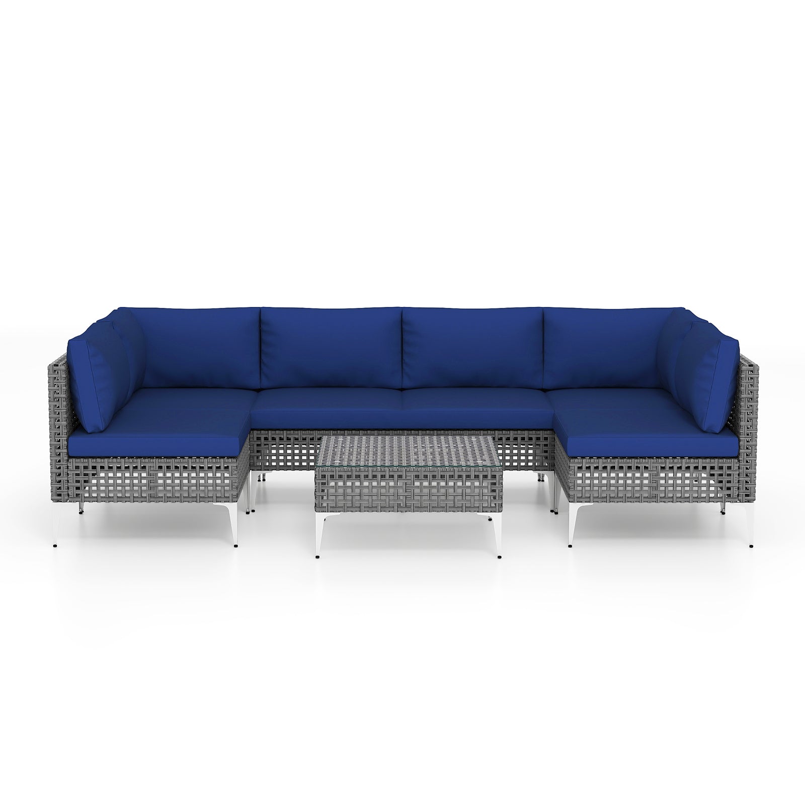 7 Piece Outdoor Furniture Set Wicker Chairs with Tempered Glass Coffee Table-Navy