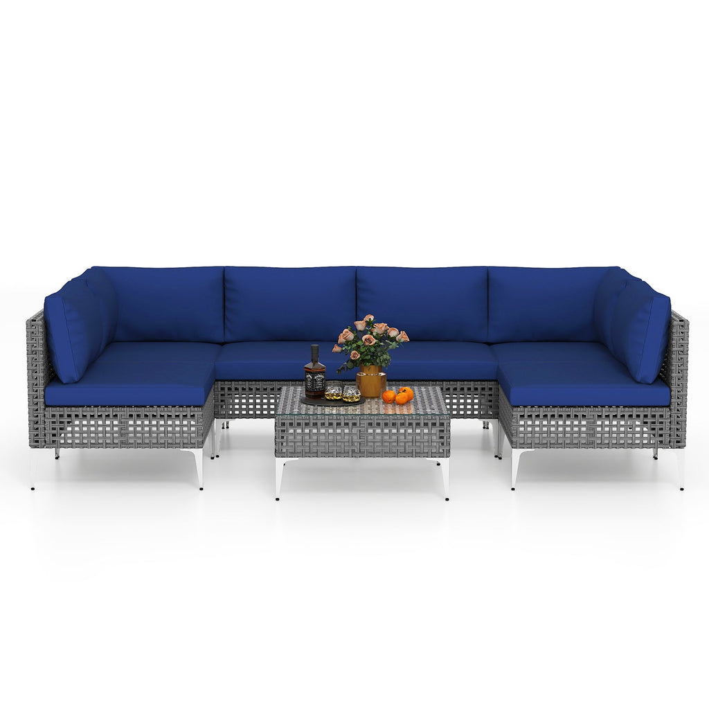 7 Piece Outdoor Furniture Set Wicker Chairs with Tempered Glass Coffee Table-Navy