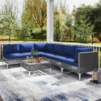 7 Piece Outdoor Furniture Set Wicker Chairs with Tempered Glass Coffee Table-Navy
