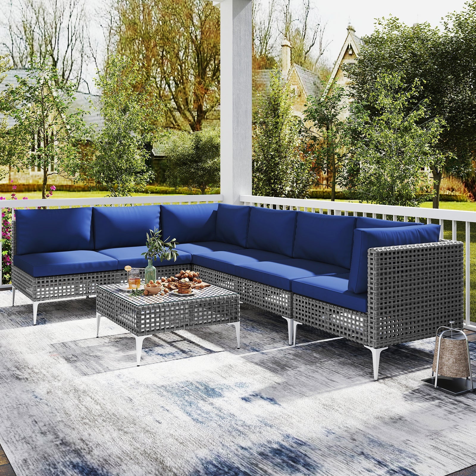 7 Piece Outdoor Furniture Set Wicker Chairs with Tempered Glass Coffee Table-Navy