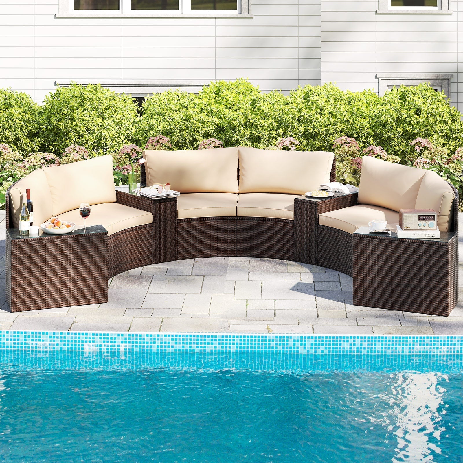 7 Pieces Patio Furniture Set PE Rattan Half-Moon Curved Sofas with Side Tables-Brown
