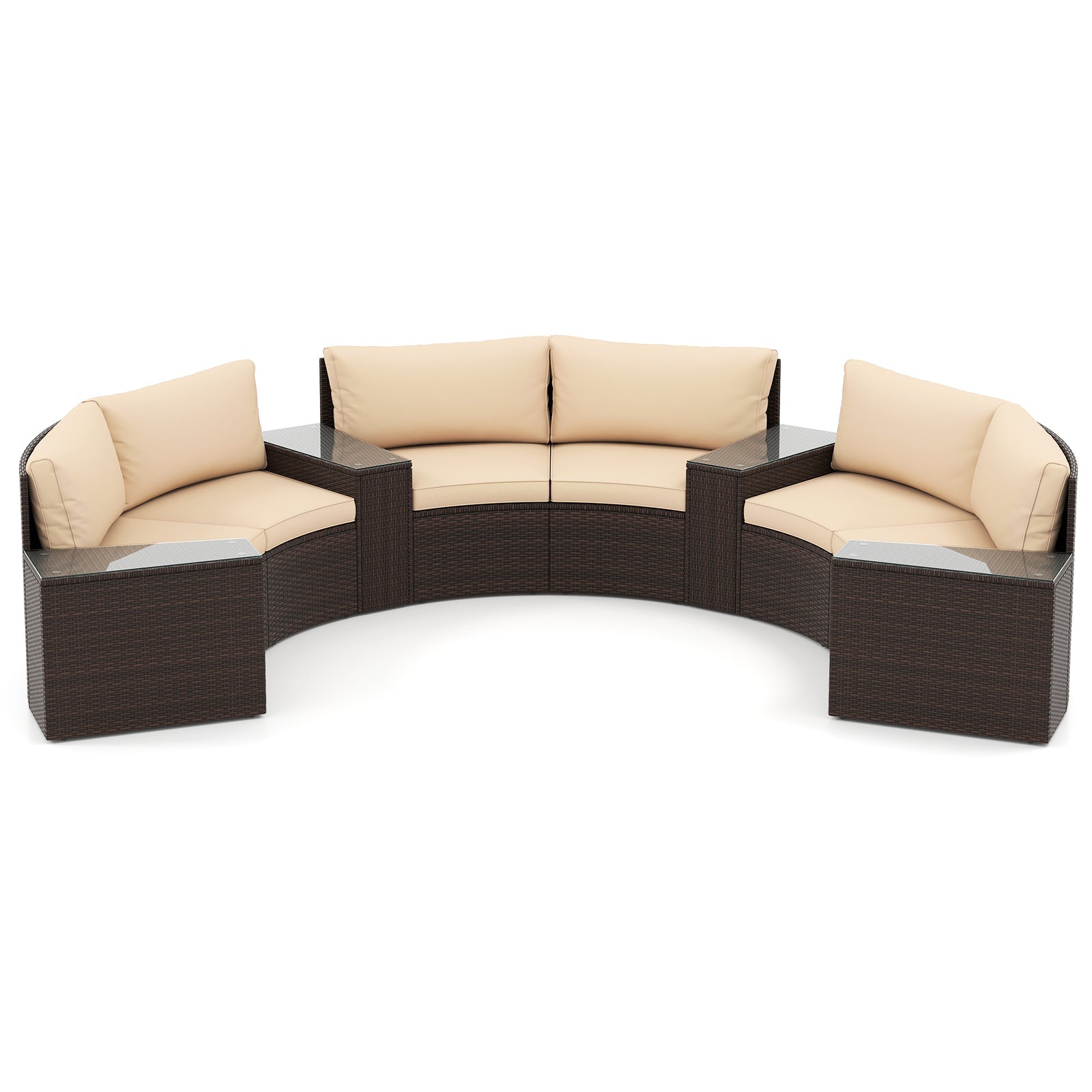 7 Pieces Patio Furniture Set PE Rattan Half-Moon Curved Sofas with Side Tables-Brown