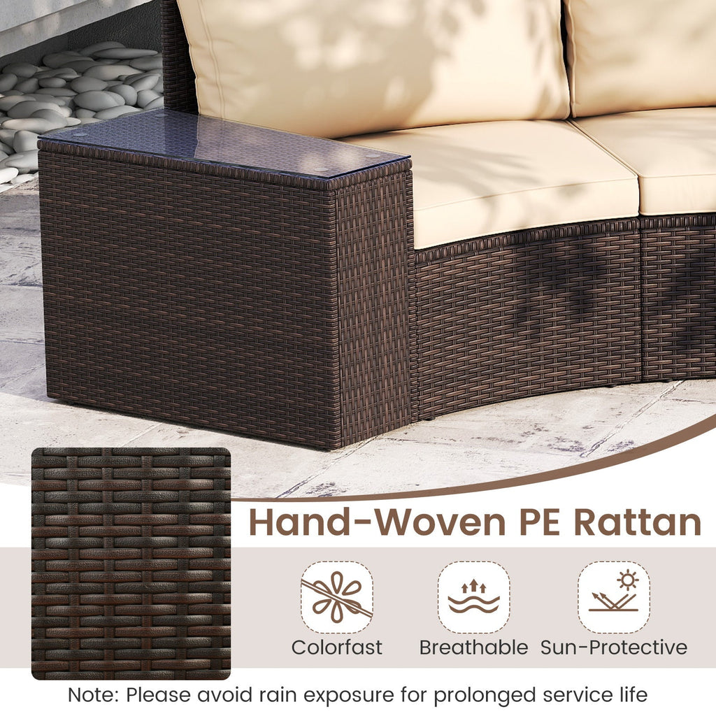 7 Pieces Patio Furniture Set PE Rattan Half-Moon Curved Sofas with Side Tables-Brown