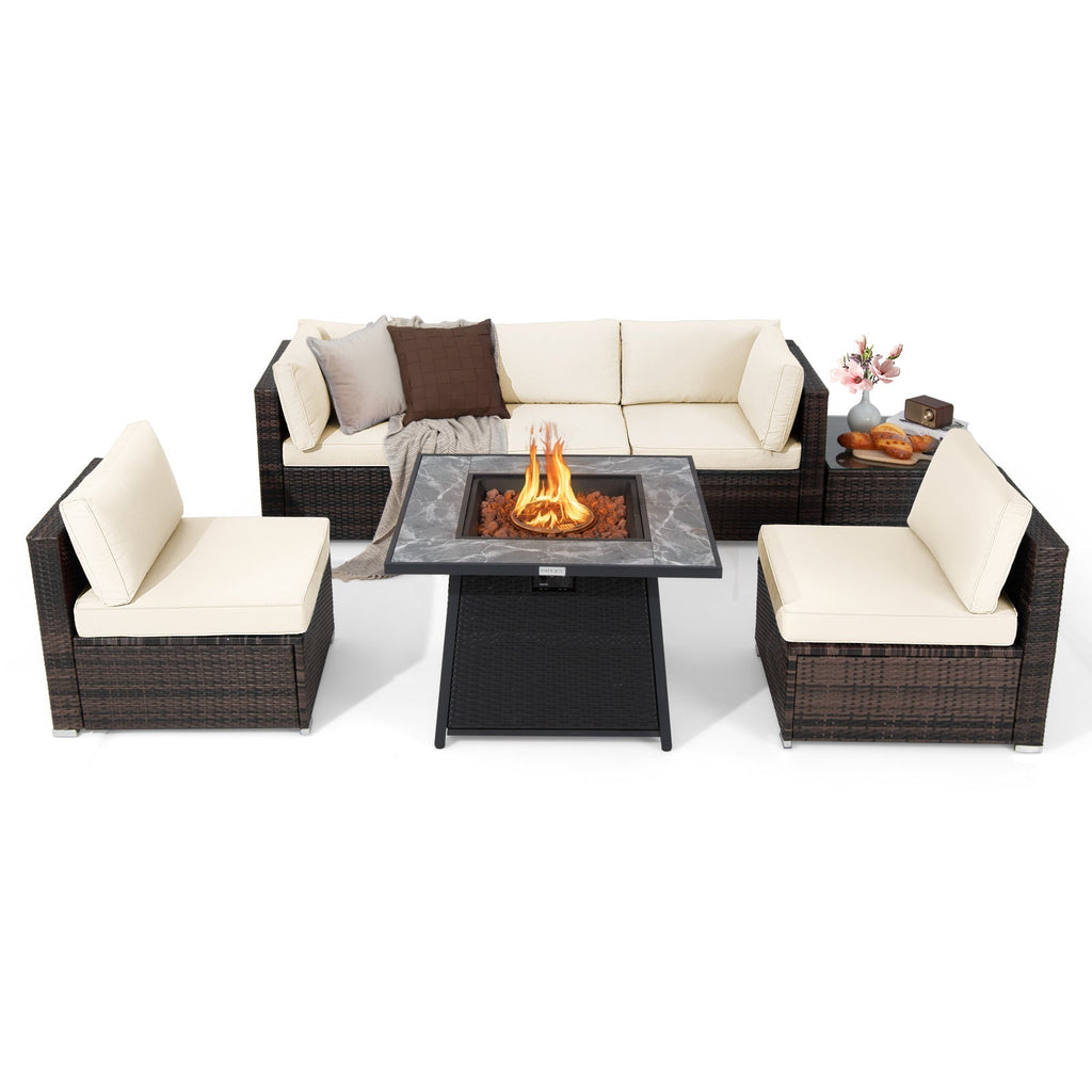 7 Pieces Patio Furniture Set with 35 Inches 50000 BTU Propane Gas Fire Pit Table and Waterproof Cover for Firpit
