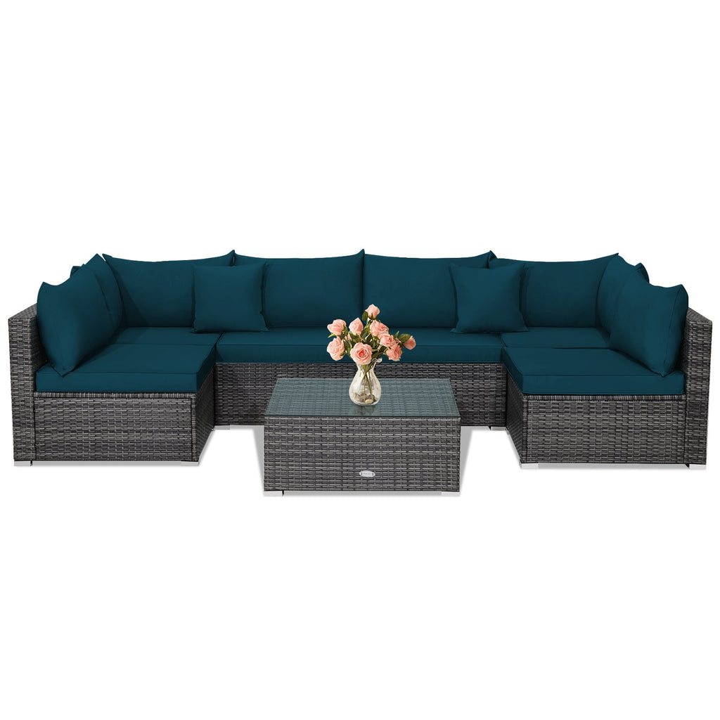 7 Pieces Patio Rattan Furniture Set Sectional Sofa Garden Cushion