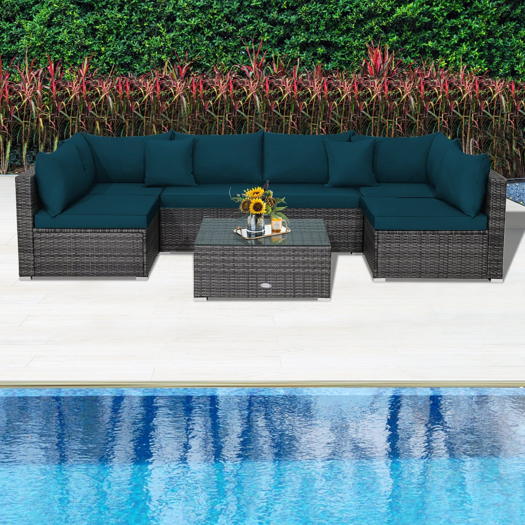 7 Pieces Patio Rattan Furniture Set Sectional Sofa Garden Cushion