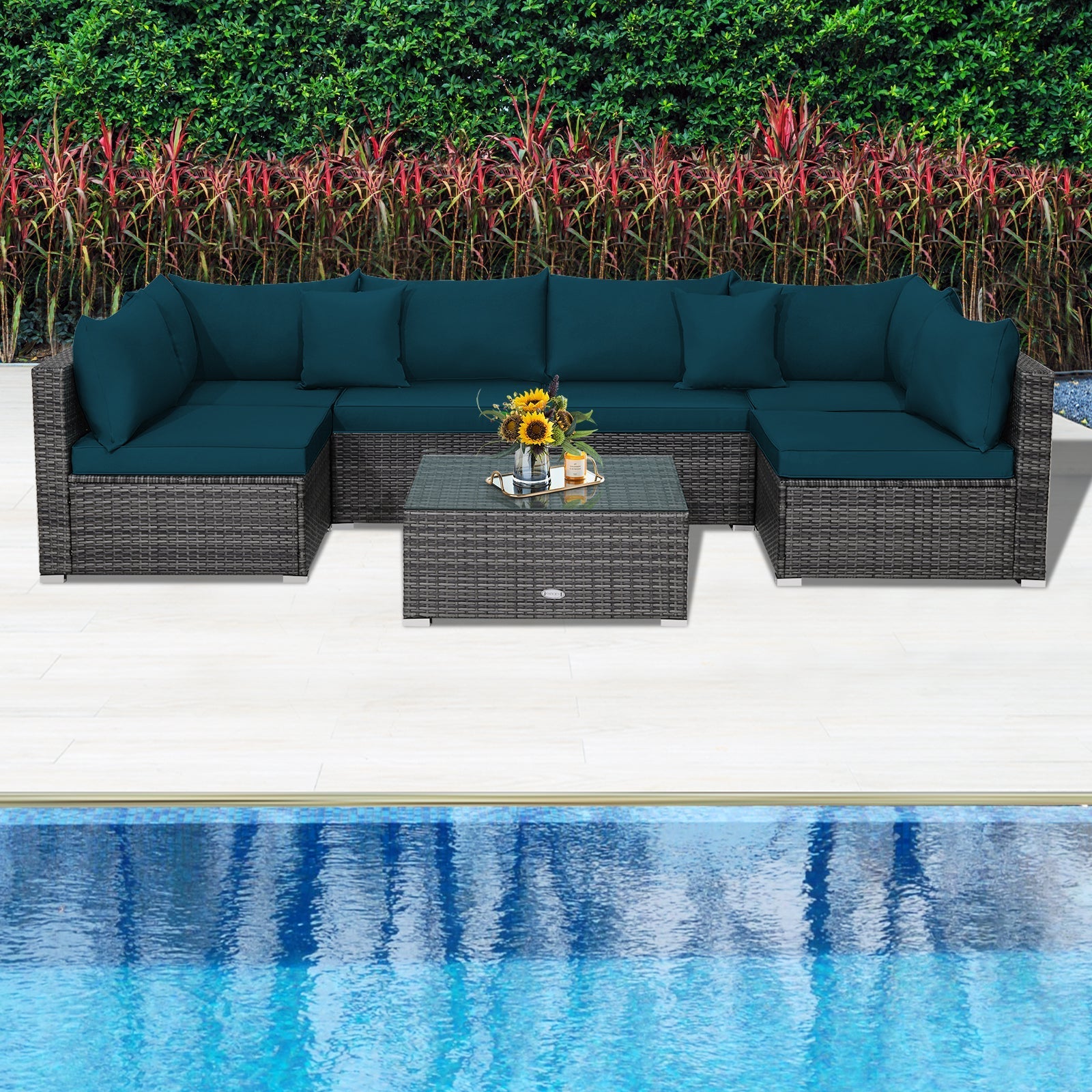 7 Pieces Patio Rattan Furniture Set Sectional Sofa Garden Cushion