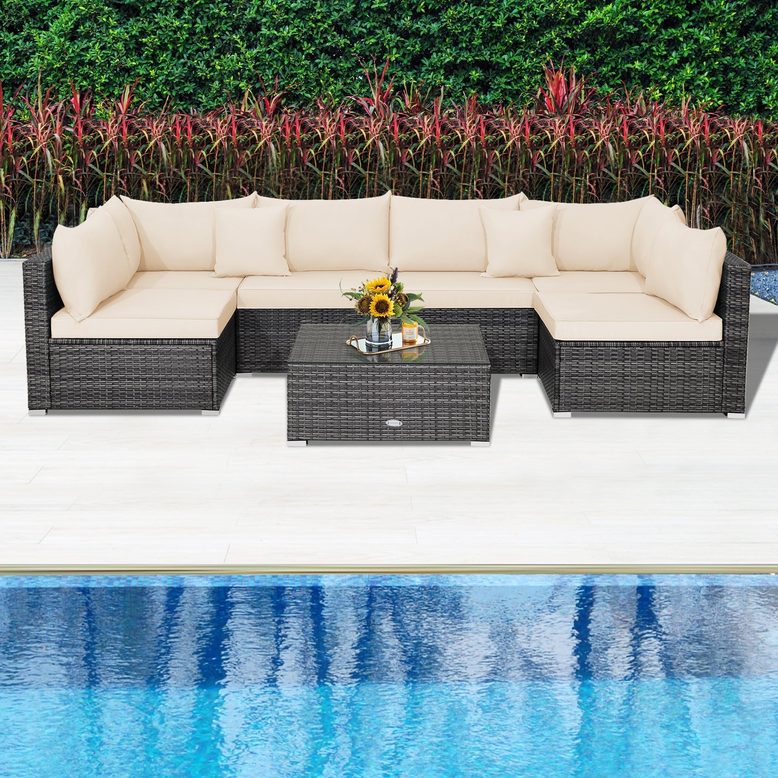7 Pieces Patio Rattan Furniture Set Sectional Sofa Garden Cushion