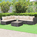 7 Pieces Patio Rattan Furniture Set Sectional Sofa Garden Cushion