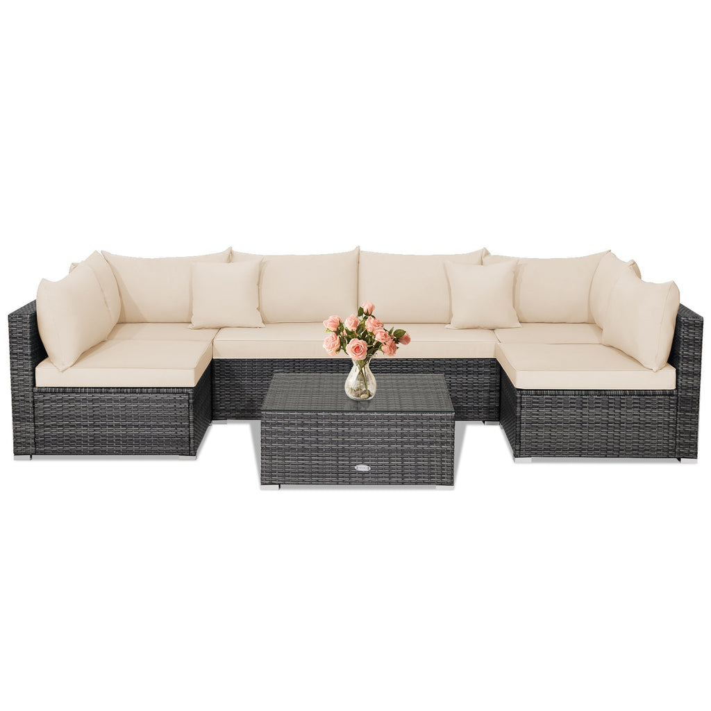 7 Pieces Patio Rattan Furniture Set Sectional Sofa Garden Cushion