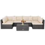 7 Pieces Patio Rattan Furniture Set Sectional Sofa Garden Cushion