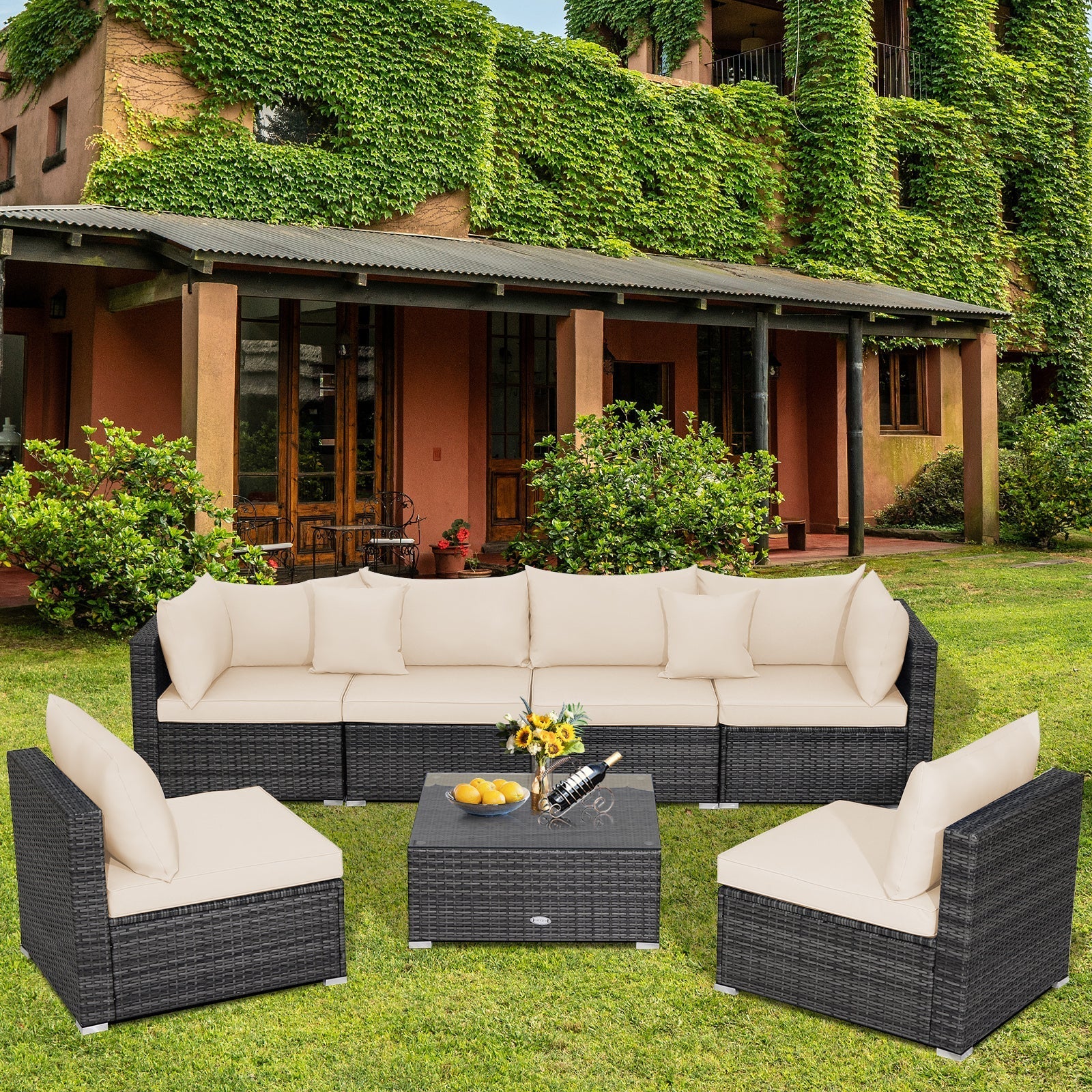 7 Pieces Patio Rattan Furniture Set Sectional Sofa Garden Cushion