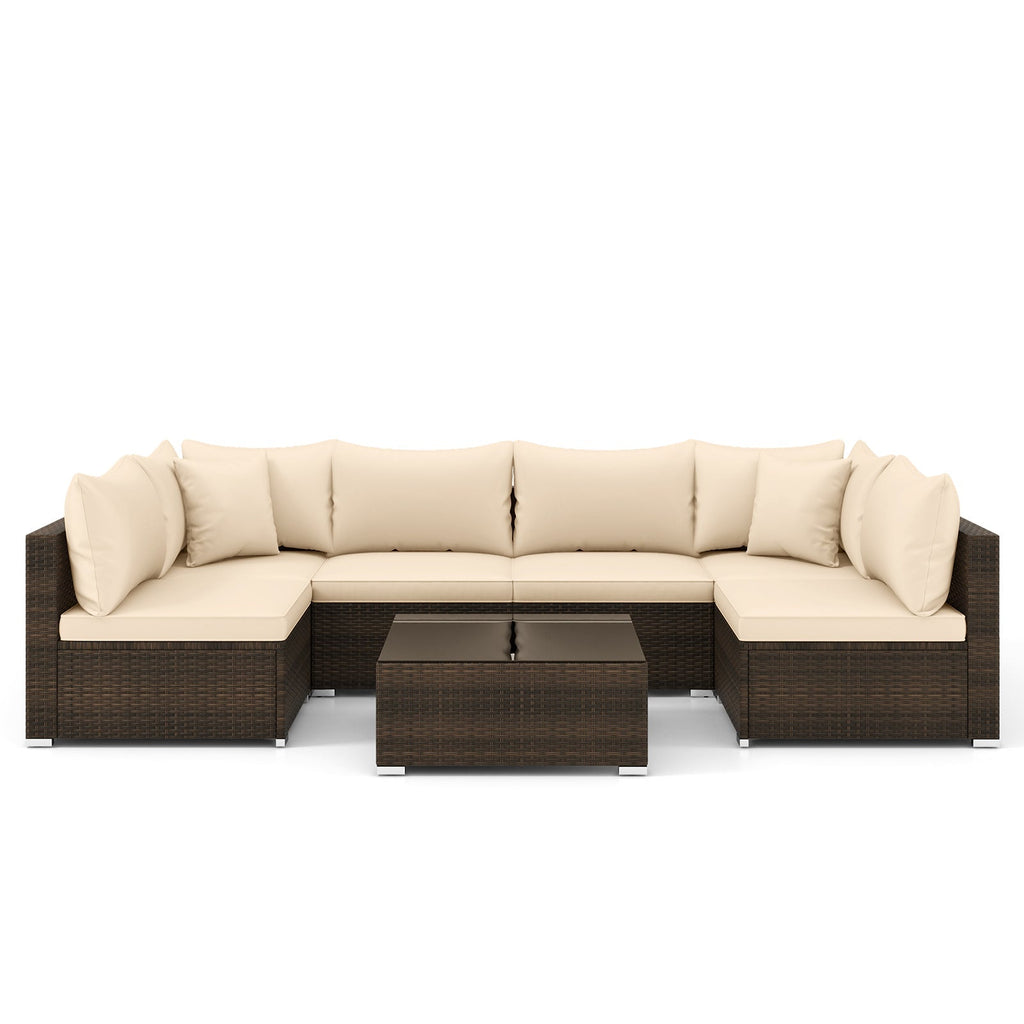 7 Pieces Patio Rattan Furniture Set with Sectional Sofa Cushions