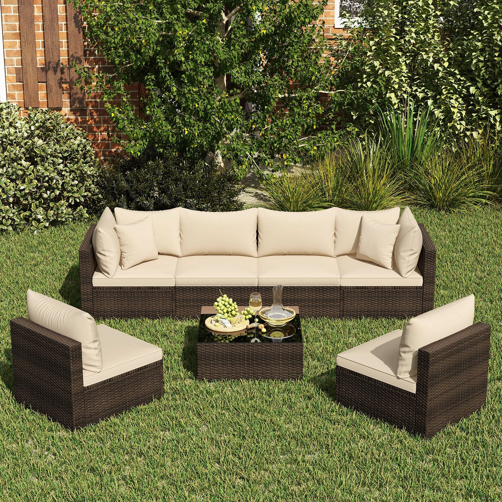 7 Pieces Patio Rattan Furniture Set with Sectional Sofa Cushions