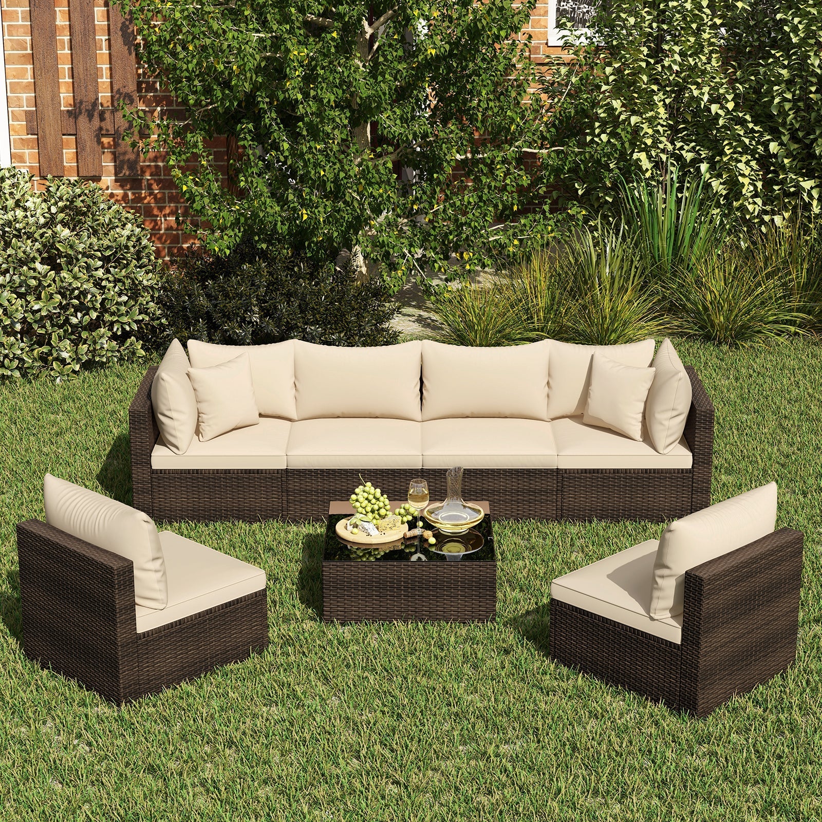7 Pieces Patio Rattan Furniture Set with Sectional Sofa Cushions