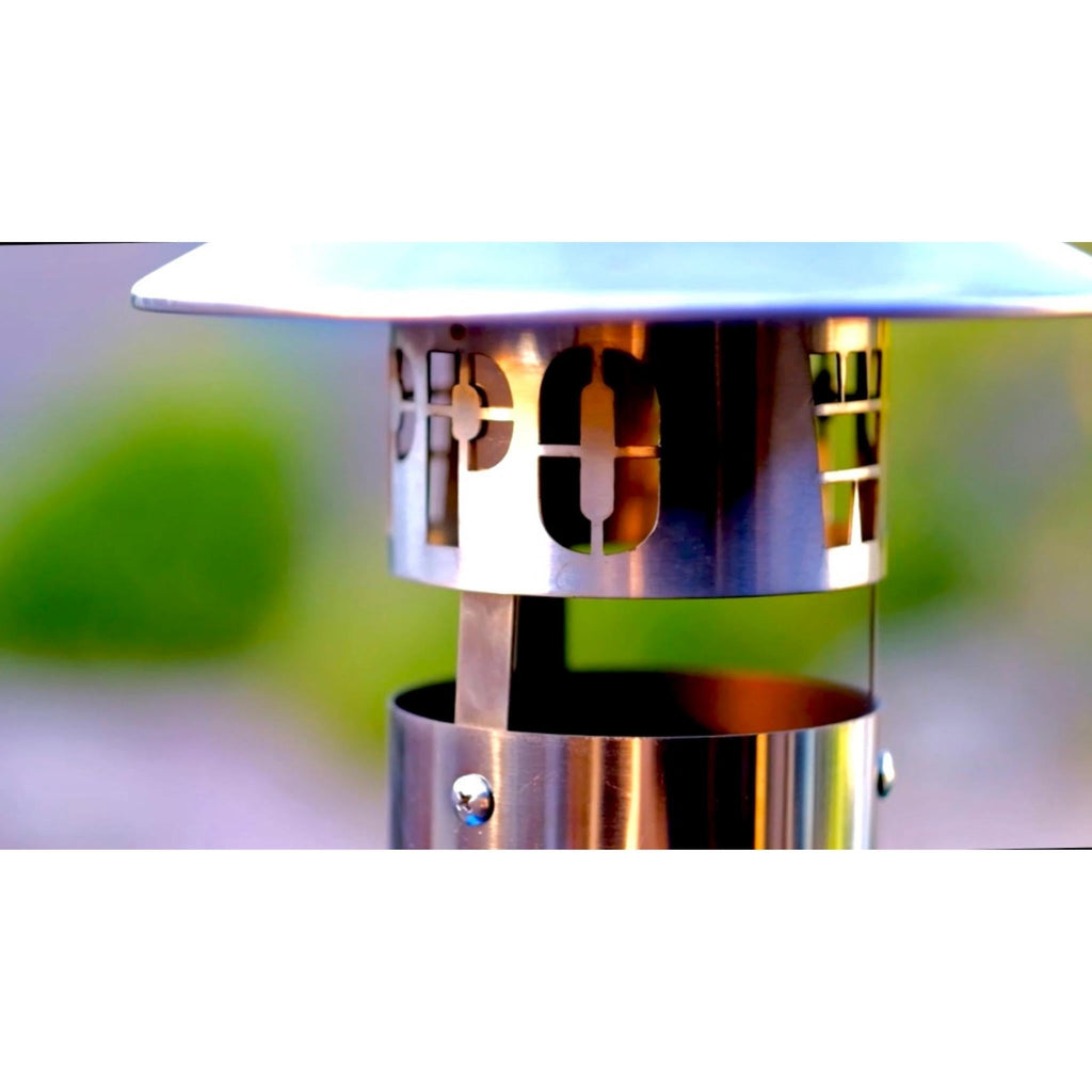 WPPO name cut into the stainless steel rain cap on the Karma 32 wood-fired oven flue