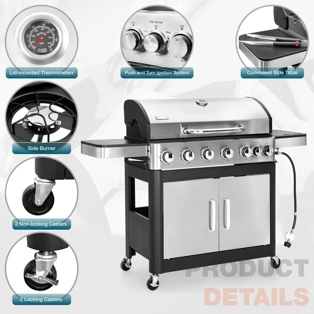Stainless Steel 6-Burner Propane Gas Grill with Side Burner