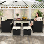 9 PCS Outdoor Dining Furniture Set with Tempered Glass Table and Ottomans-White
