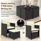 9 PCS Outdoor Dining Furniture Set with Tempered Glass Table and Ottomans-White