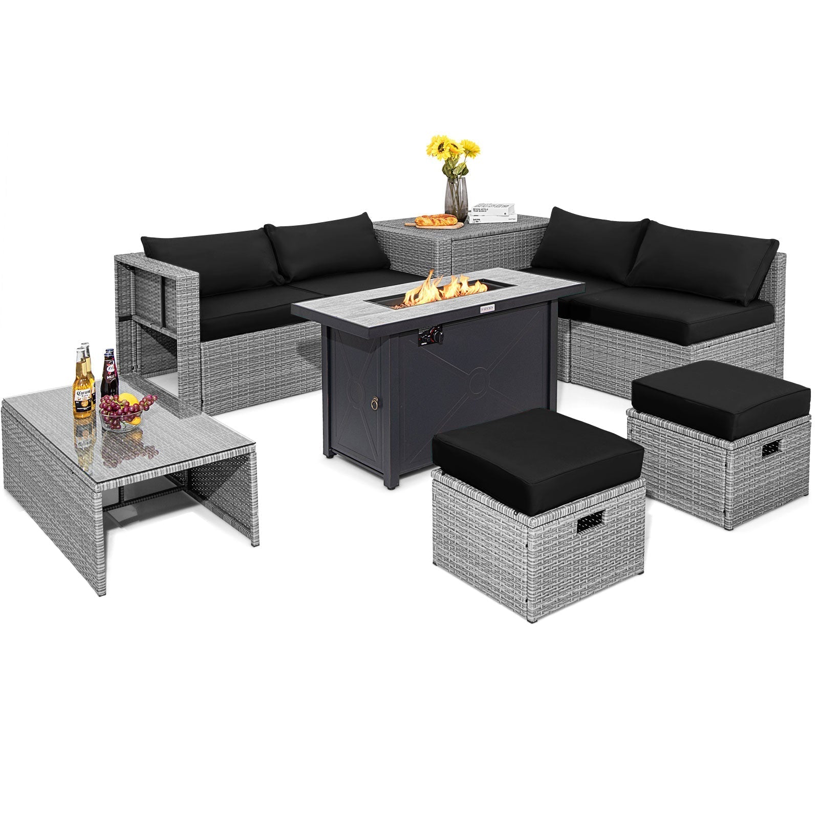 9 Pieces Patio Furniture Set with 42 Inches 60000 BTU Fire Pit
