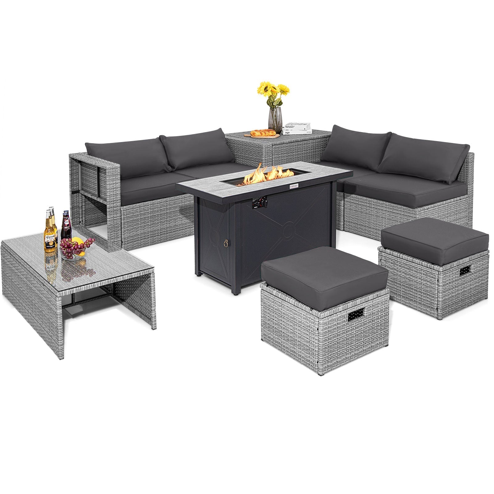 9 Pieces Patio Furniture Set with 42 Inches 60000 BTU Fire Pit