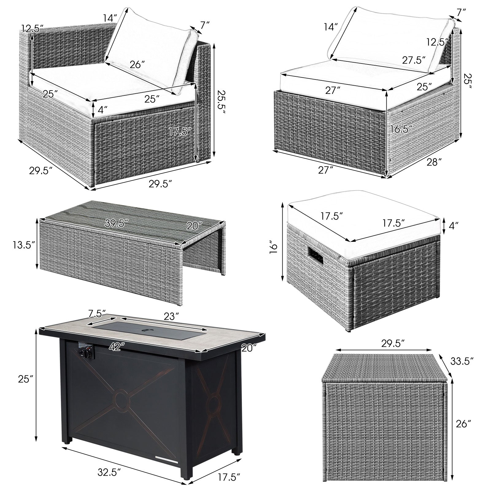 9 Pieces Patio Furniture Set with 42 Inches 60000 BTU Fire Pit