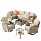 9 Pieces Patio Furniture Set outside Furniture Wicker Patio Conversation Set with Swivel Chairs, Outdoor Furniture for Garden, Beige