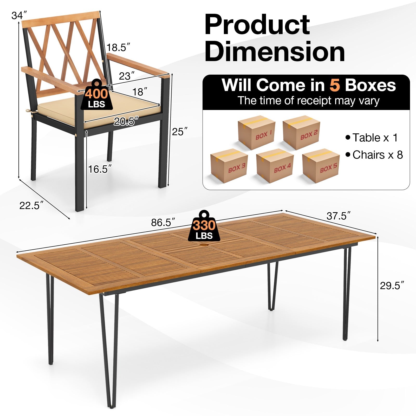 Acacia Wood Outdoor Furniture Set 9 Pieces Patio Dining Set with 8 Chairs