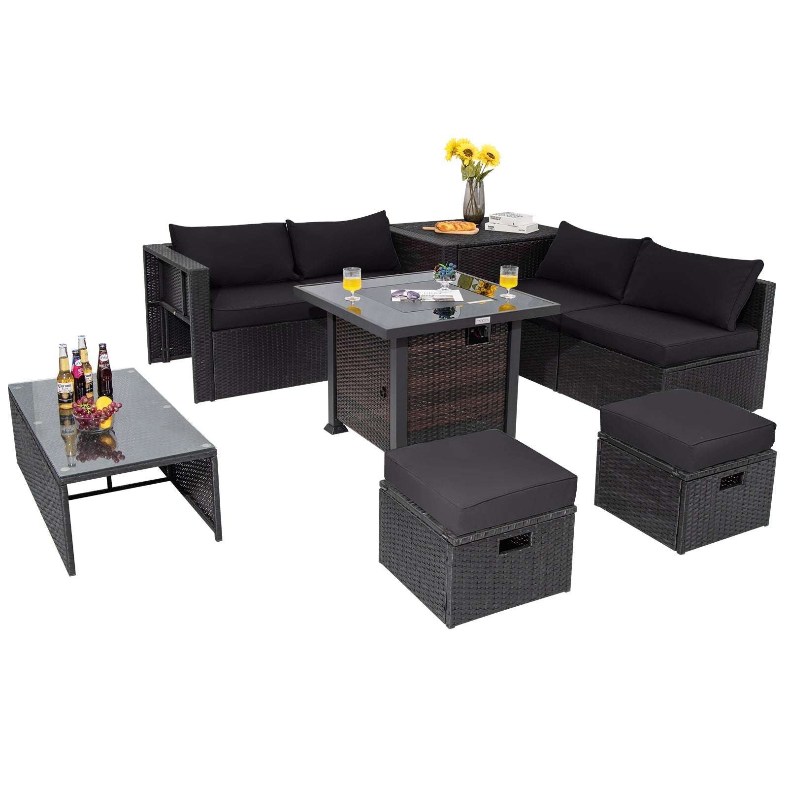 9 Pieces Patio Furniture Set with 32‚Äù Fire Pit Table and 50000 BTU Square Propane Fire Pit