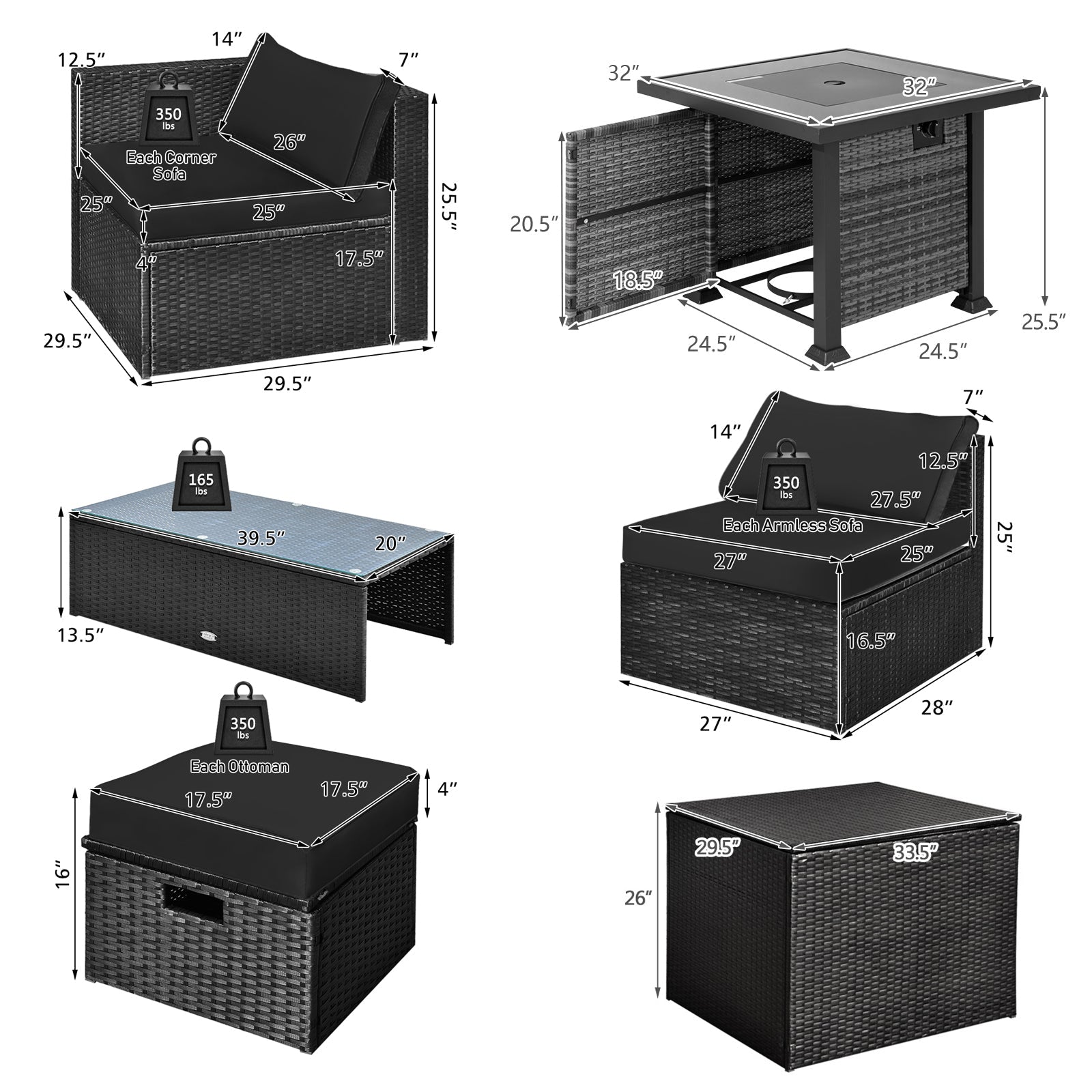 9 Pieces Patio Furniture Set with 32‚Äù Fire Pit Table and 50000 BTU Square Propane Fire Pit