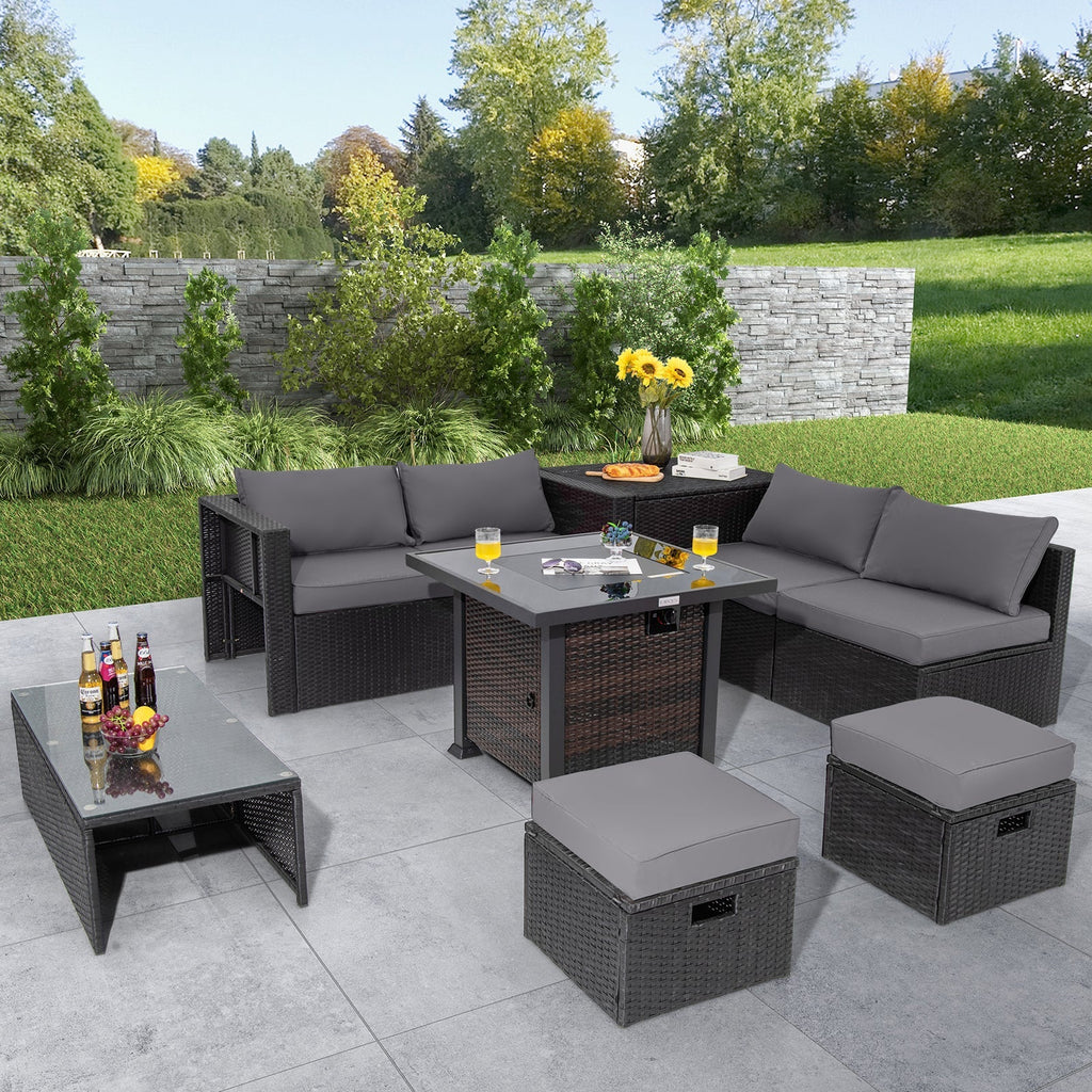 9 Pieces Patio Furniture Set with 32‚Äù Fire Pit Table and 50000 BTU Square Propane Fire Pit