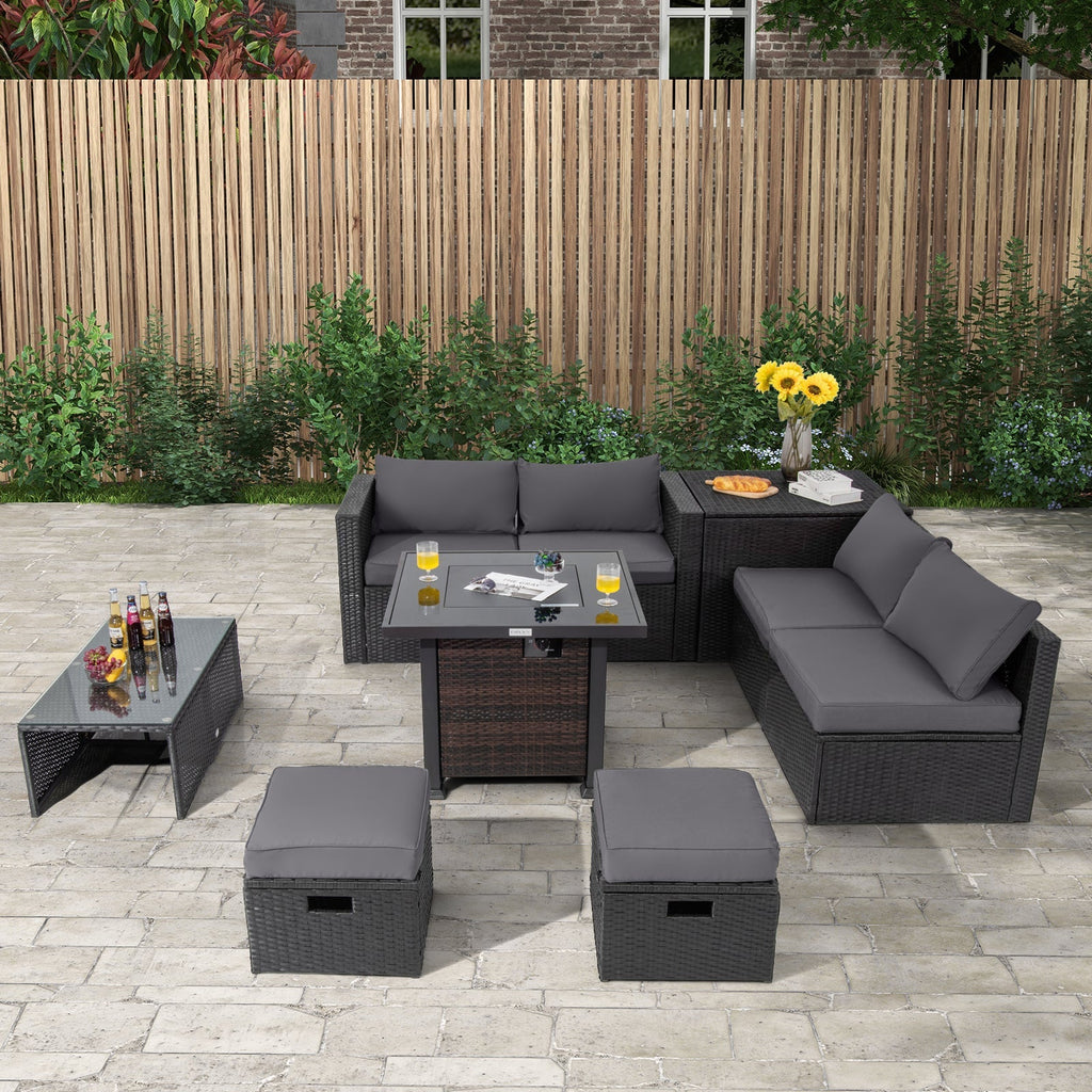 9 Pieces Patio Furniture Set with 32‚Äù Fire Pit Table and 50000 BTU Square Propane Fire Pit