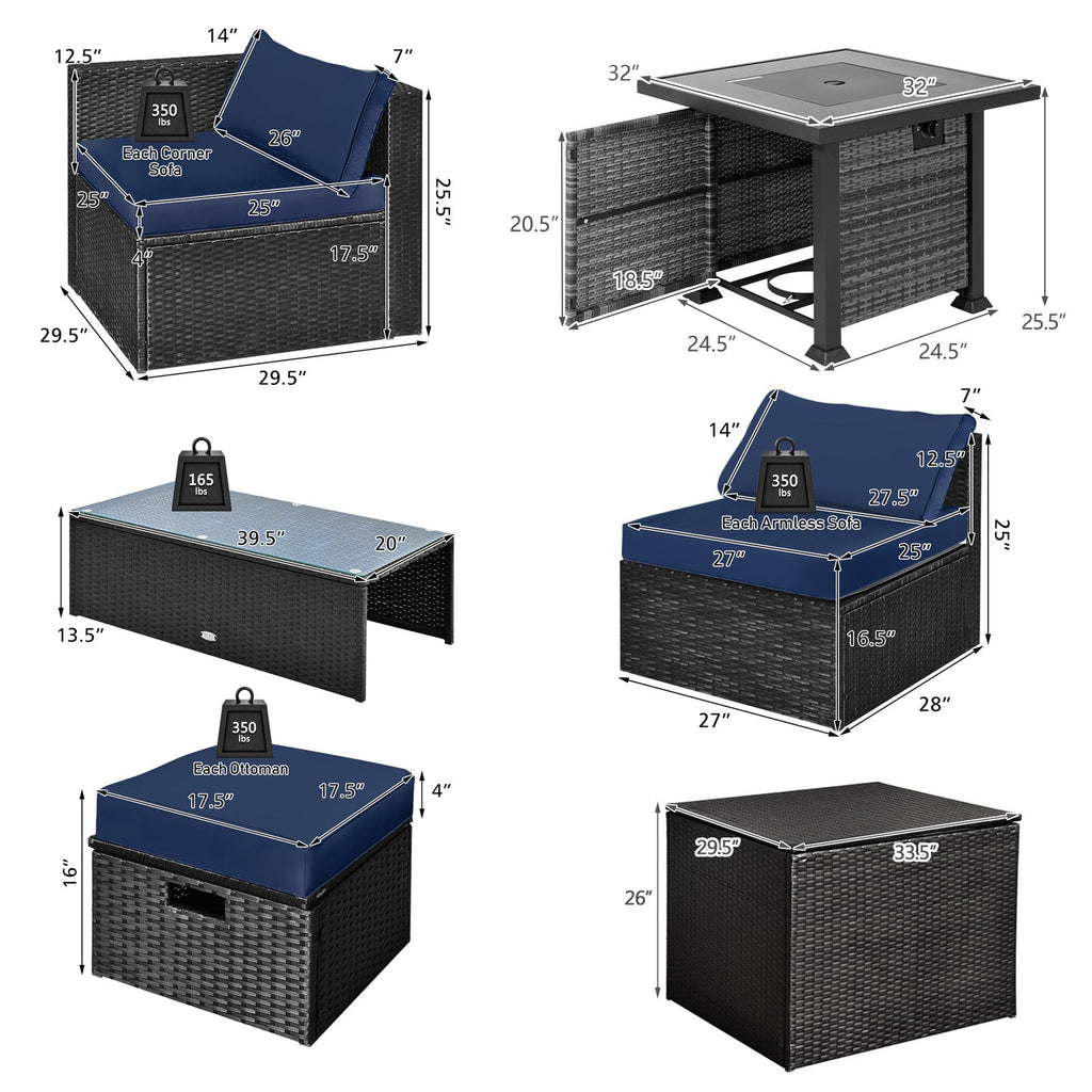 9 Pieces Patio Furniture Set with 32‚Äù Fire Pit Table and 50000 BTU Square Propane Fire Pit